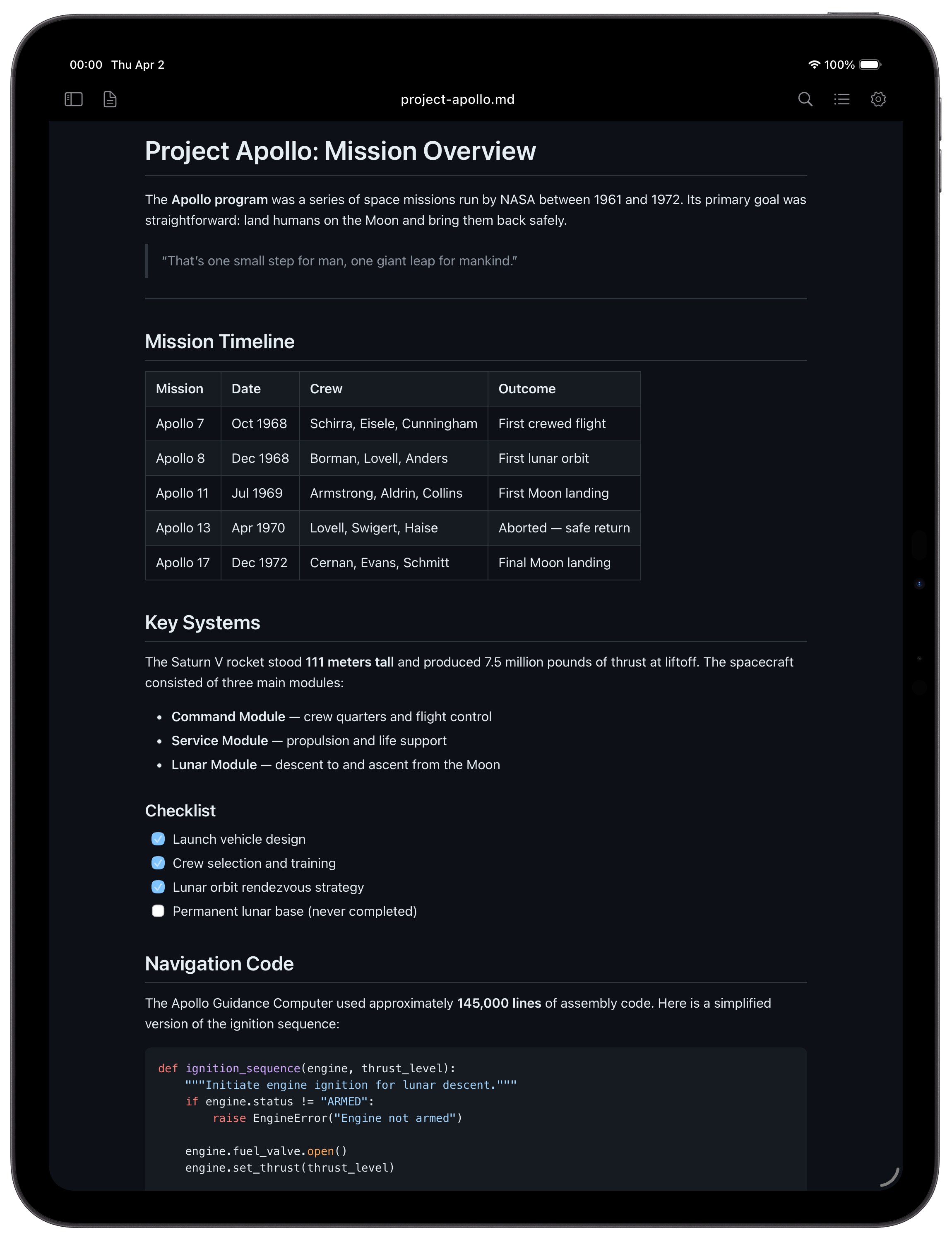 Read.md on iPad showing full document with tables