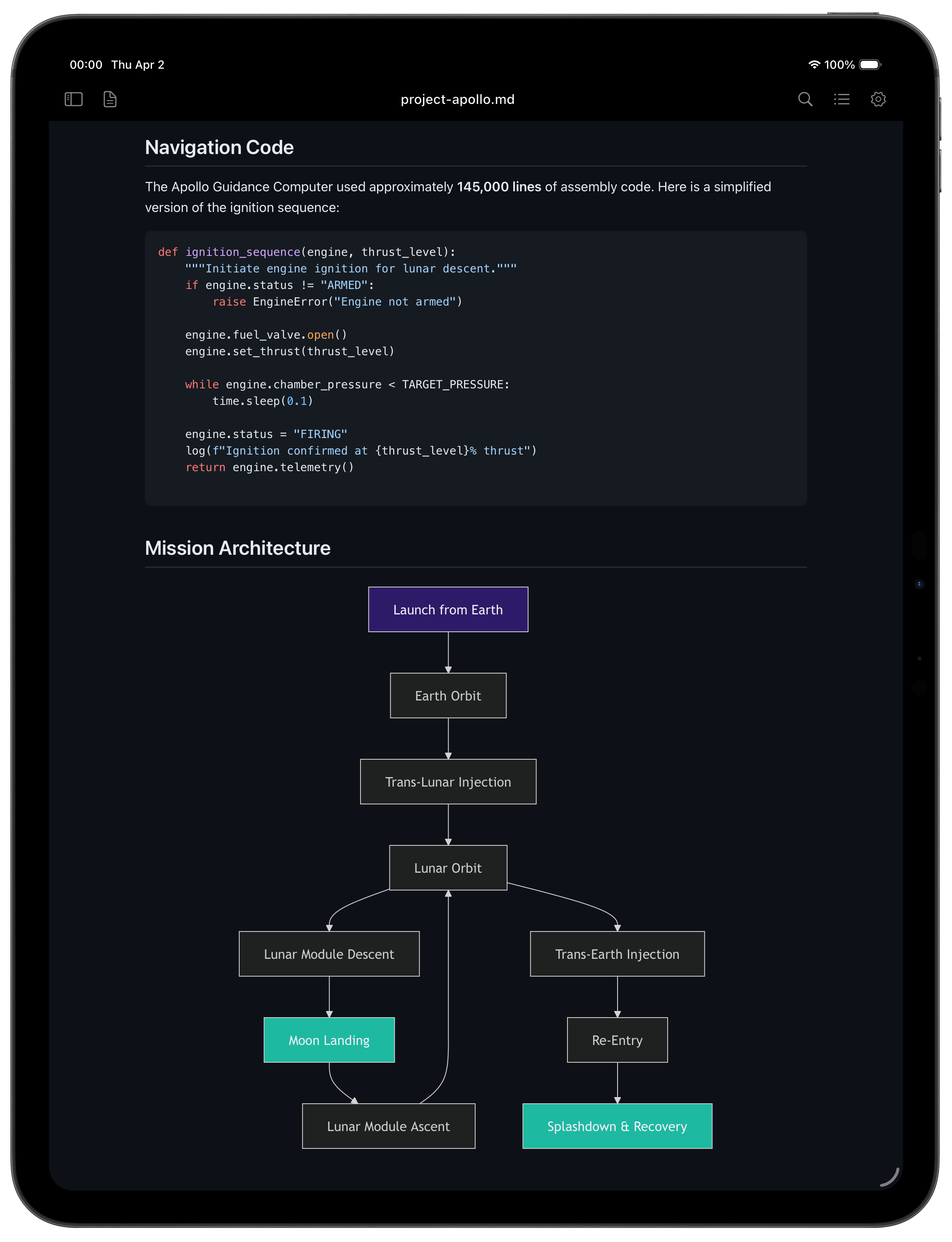 Read.md on iPad showing code and Mermaid diagram