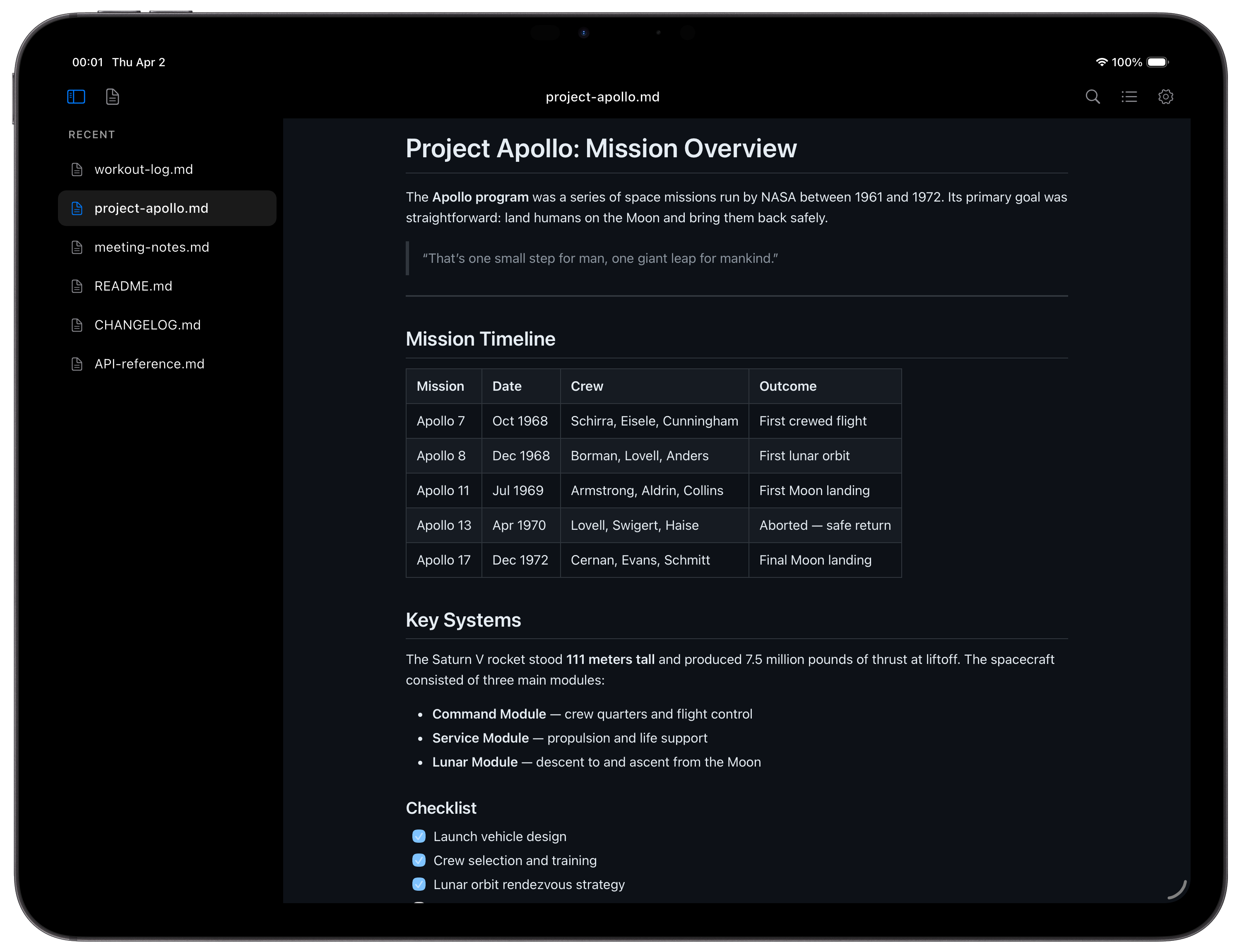 Read.md on iPad in landscape with sidebar showing recent files
